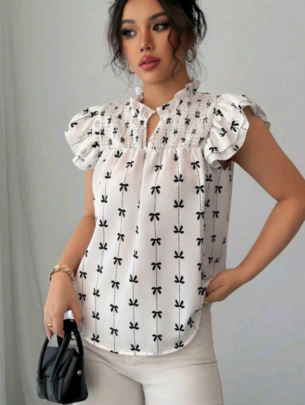 ❣️4 FOR $20❣️ White Blouse With Bow Print